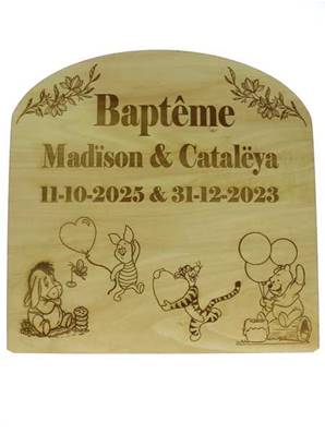Panneau Bienvenue Baptême Bois Winnie l' Ourson Gravé - Panneau Bois Baptême